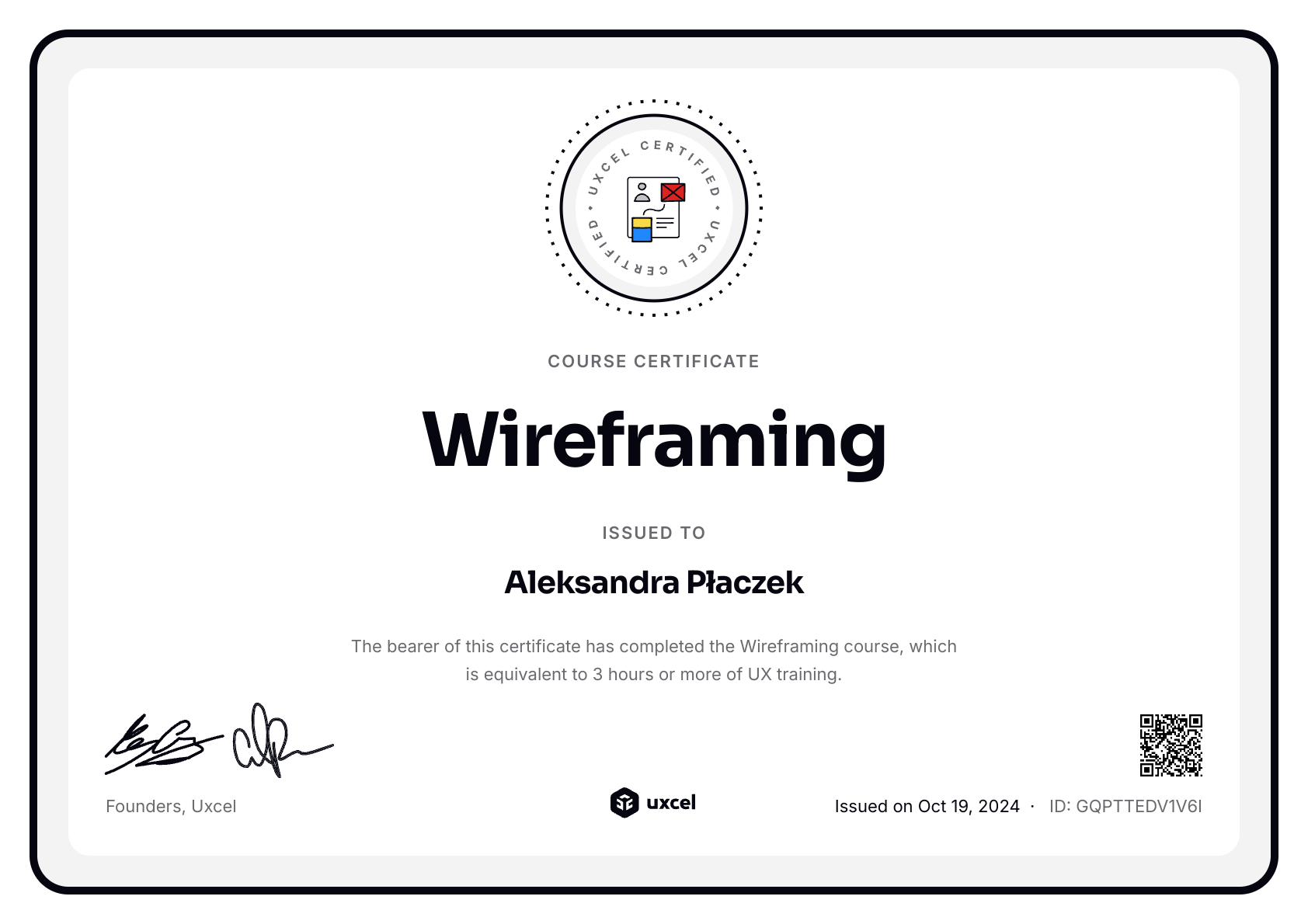 Aleksandra Płaczek's certificate